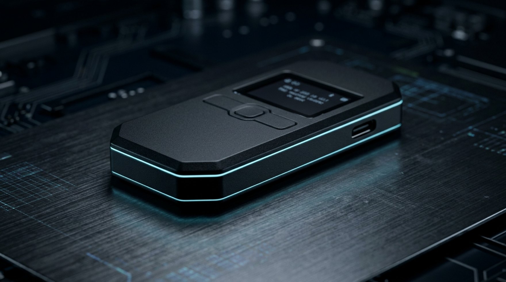 Monedero de hardware negro con luz cian sobre una superficie técnica
